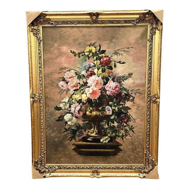 French-Style Floral Still Life Print – Romantic Rose Bouquet With Ornate Gold Leaf Frame For Sale