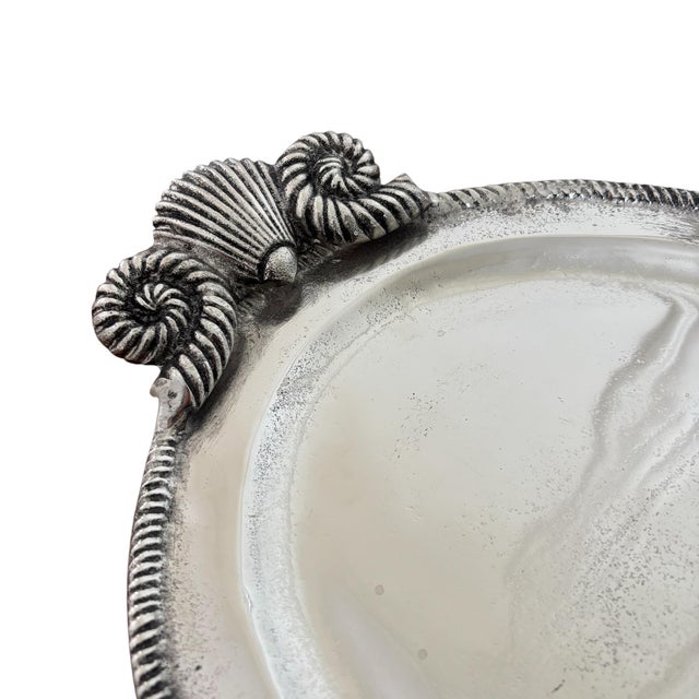 Chinoiserie Large Coastal Silver Aluminum Serving Platter Tray With Seashell Motif Handles For Sale - Image 3 of 5