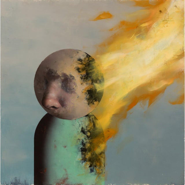 The artwork features a stylized figure with a smooth, round head and a muted color palette, blending seamlessly into a...