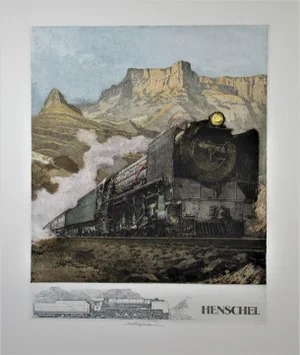 Luigi Kasimir, Henschel Locomotive, large color etching, Circa 1940