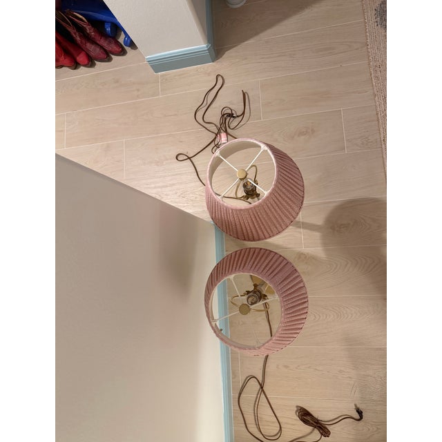Pair of Visual Comfort Aerin Riga Buffet Lamps With Fermoie Pink Figured Lampshades For Sale In West Palm - Image 6 of 8
