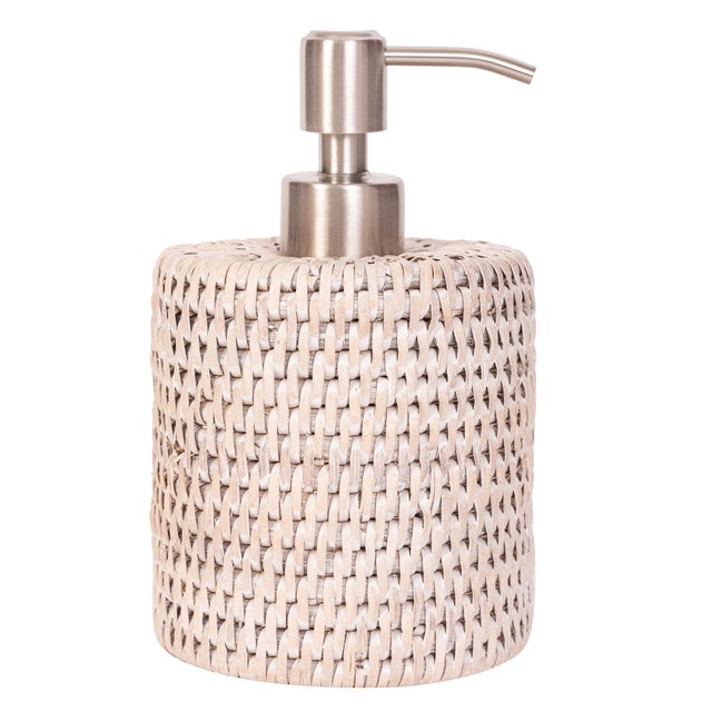 Boho Chic Artifacts Rattan Stainless Steel Polished Finish Soap Pump Dispenser in White For Sale - Image 3 of 3