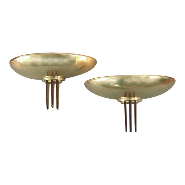 Sublime Solid Brass French Art Deco/Moderne Wall Sconces with Peach Glass Fins For Sale