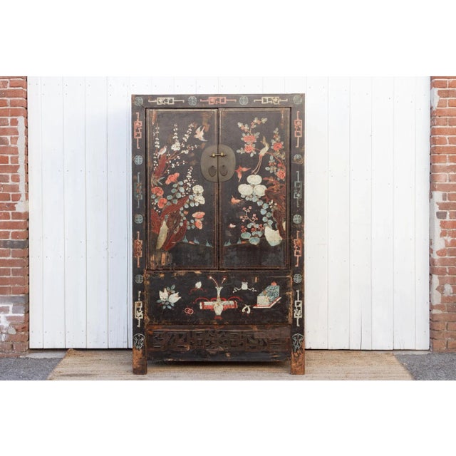 Antique Black & Floral Chinoiserie Armoire For Sale - Image 11 of 11