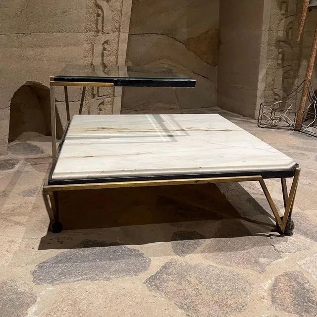 1950s Arturo Pani Mexico Corner Table in Marble Beveled Glass Bronze For Sale In San Diego - Image 6 of 13