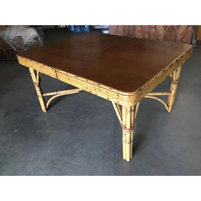 Mid-Century Modern 1950s Restored Six Person Rattan Dining Table W/ Stacked Mahogany Top For Sale - Image 3 of 7