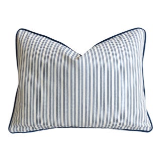 Blue & White Coastal Nautical Striped Ralph Lauren Fabric Feather/Down Pillow 24" X 17" For Sale