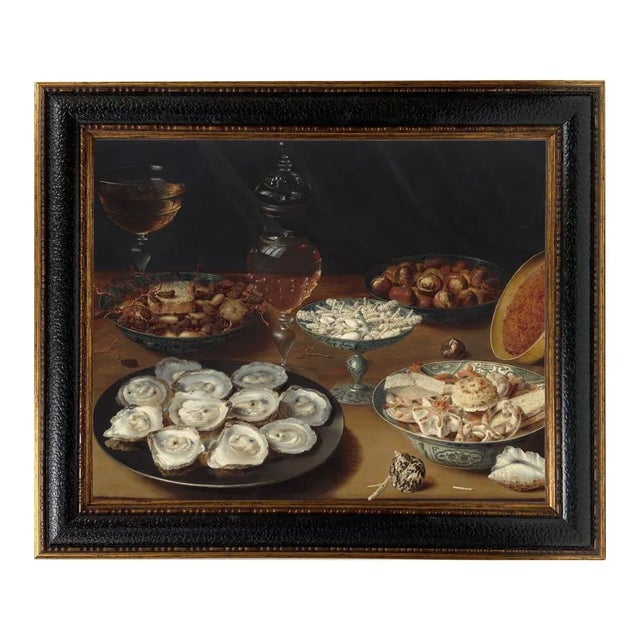 Beaux-Arts “Dishes with Oysters, Fruit and Wine" After Osias Beert the Elder Contemporary Reproduction Print on Canvas, Framed, 16 x 20 For Sale - Image 3 of 3