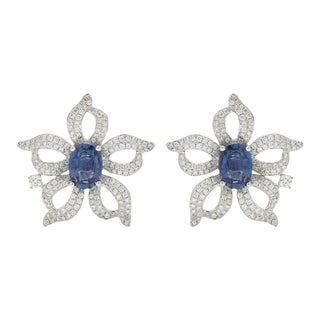 Art Deco Sapphire Diamond Flower Shape Boho Stud Earrings - 2 Pieces For Sale