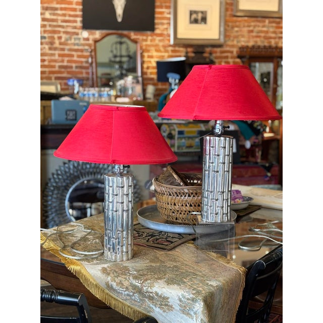 1960s Chrome Faux Bamboo Hollywood Regency Style Table Lamps With Red Shades - a Pair For Sale - Image 9 of 15