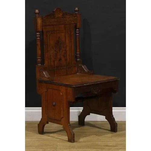 English A Pair of Late 19th Century English Arts & Crafts Oak Hall Chairs For Sale - Image 3 of 5