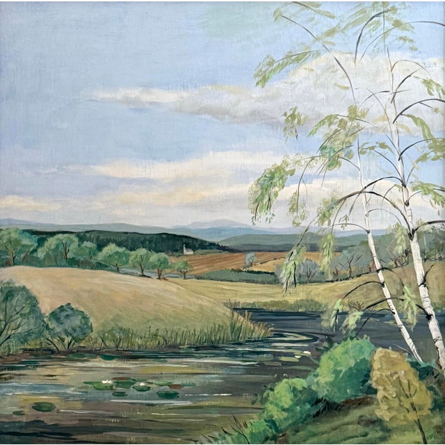 Stunning large original oil painting of an idyllic country scene with a birch tree and river in the foreground and a tiny...