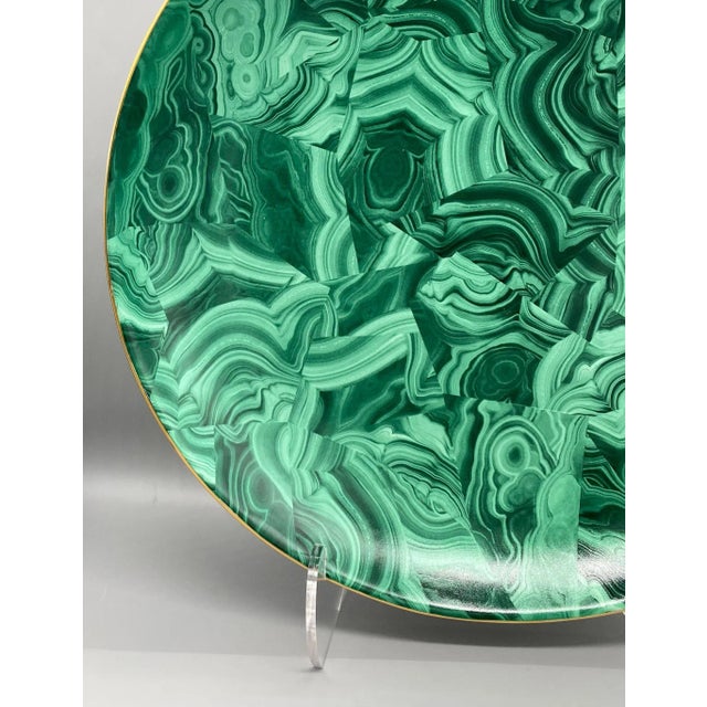 Oversized Contemporary Faux Malachite Charger/ Platter/ Bowl With Gold Accents and Acrylic Stand For Sale In Houston - Image 6 of 13