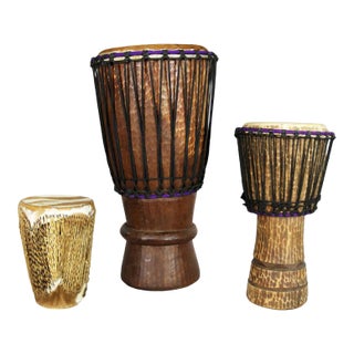 Vintage Trio of Tribal Drums Carved Wood and Animal Hide For Sale