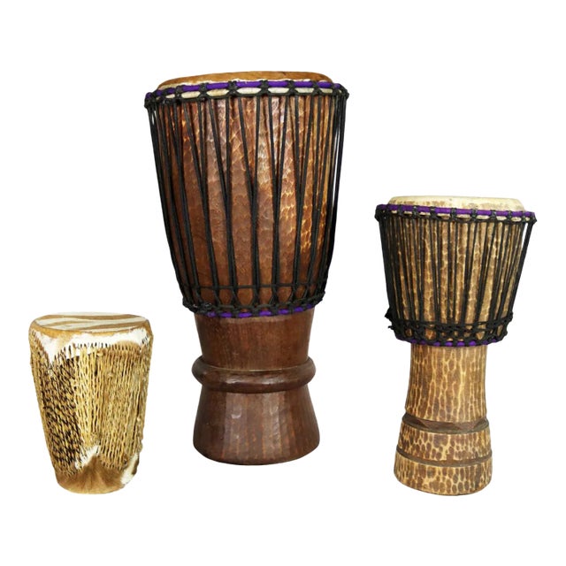 Vintage Trio of Tribal Drums Carved Wood and Animal Hide For Sale
