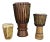 Vintage Trio of Tribal Drums Carved Wood and Animal Hide For Sale