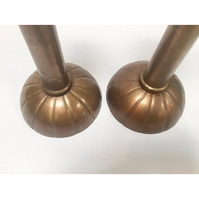 Large Brass Japanese Candlesticks on a Round Scalloped Base and Top For Sale - Image 11 of 13