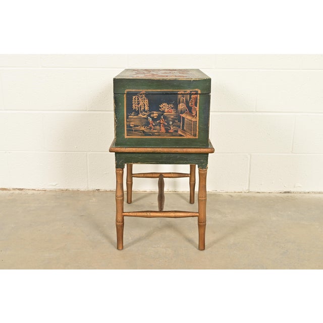 Hollywood Regency Chinoiserie Hand-Painted Green Lacquered and Gold Gilt Chest on Stand For Sale - Image 14 of 16