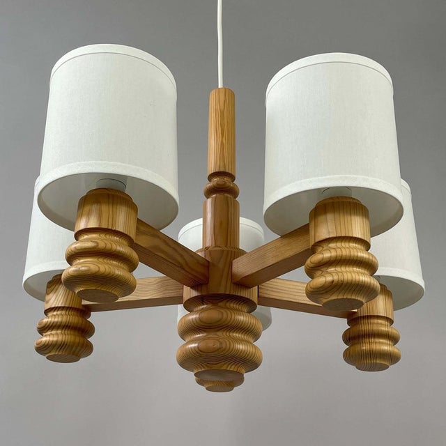 Scandinavian Pine & Fabric 5-Light Chandelier, Sweden, 1970s For Sale - Image 11 of 17
