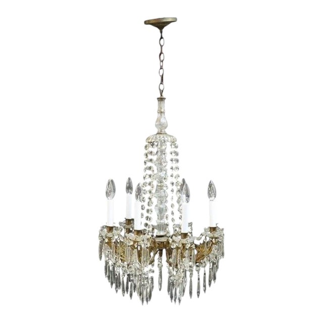 Vintage French Empire Style Cut Crystal & Glass 9-Light Basket Chandelier C1940 For Sale