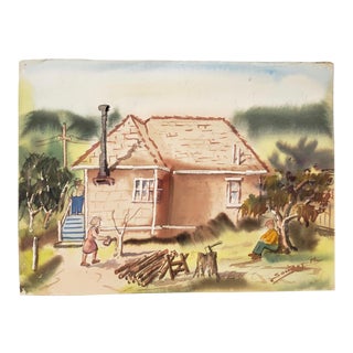 Vintage Watercolor "Country Chores" C.1970s For Sale