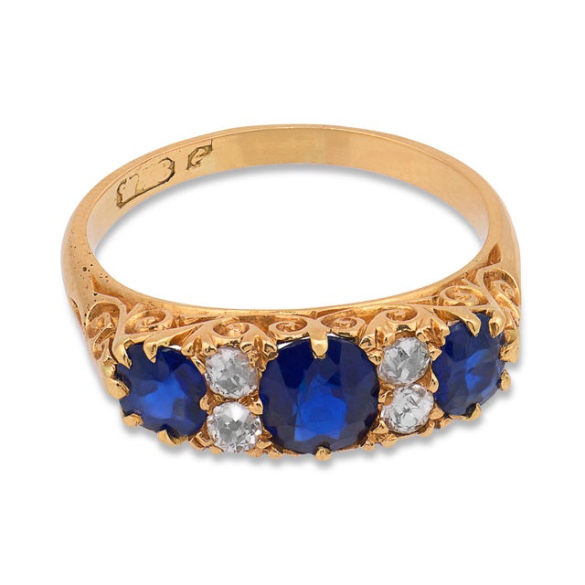 Victorian Late 19th Century Victorian English Gia No Heat Sapphire Diamond 18k Yellow Gold Band Ring, Size 6.75 For Sale - Image 3 of 8