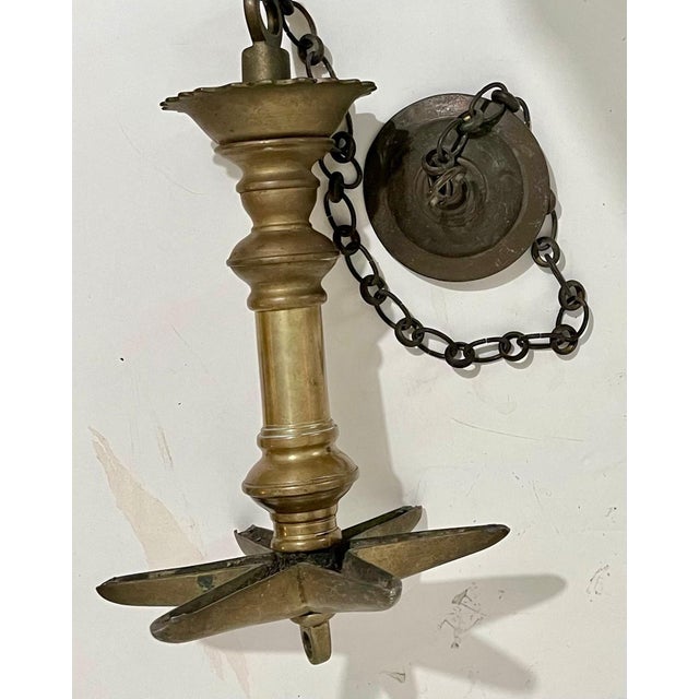 Figurative Rare Antique Judaica Hanging Bronze Jewish Synagogue or Temple Oil Lamp w Chain For Sale - Image 3 of 11