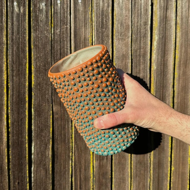 Mid-Century Modern Aqua and Salmon Organic Dot Ombre Vase For Sale - Image 3 of 3