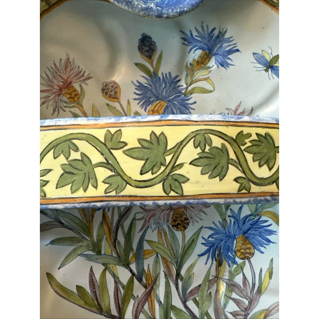 French Porquier Beau Quimper French Faience Basket With Bachelor Button Flowers For Sale - Image 3 of 8