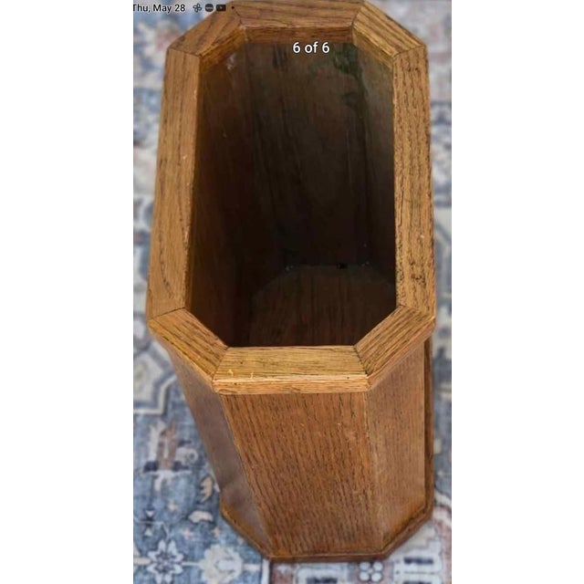 Mid-Century Modern Vintage Oak and Woven Sisal Octagonal Wastebasket/Trashcan For Sale - Image 3 of 4