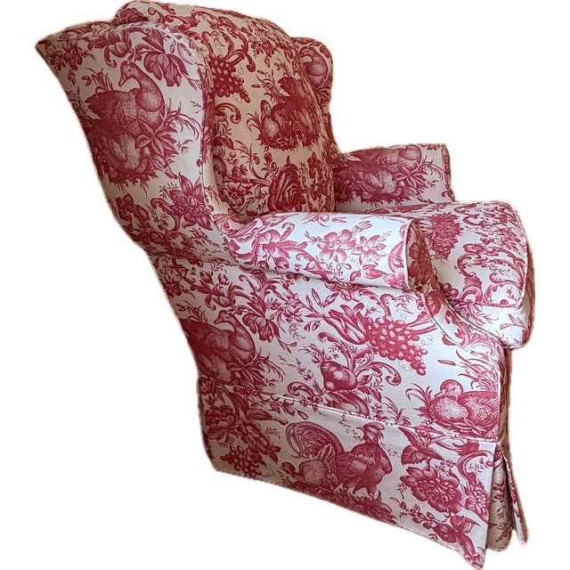 Custom Wingback Chair in Red Raspberry and Cream in Heritage Toile by Brunschwig & Fils For Sale - Image 14 of 17