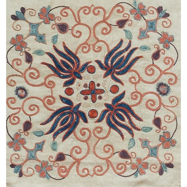 Decorative suzani cushion cover made of hand embroidery silk on silk background, flowers and vine motifs, linen backing...