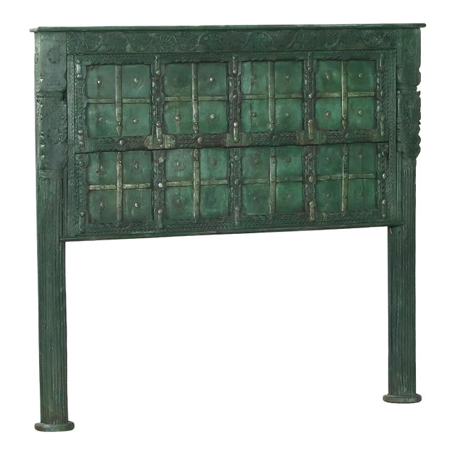 Queen Headboard Constructed From an Antique Indian Painted Teakwood and Iron Door and Pillars For Sale