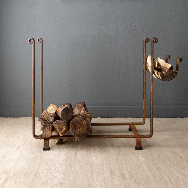 Cabin Large Hammered Steel Firewood and Kindling Rack With Rustic Patina For Sale - Image 3 of 16