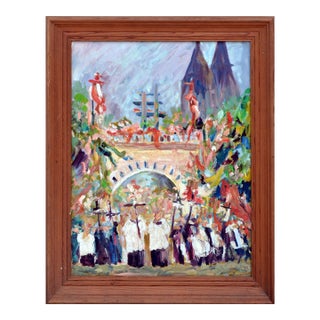 "The Procession at St. Lauren Holland" A. Vank Oil on Cardboard 1985 For Sale