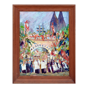 "The Procession at St. Lauren Holland" A. Vank Oil on Cardboard 1985
