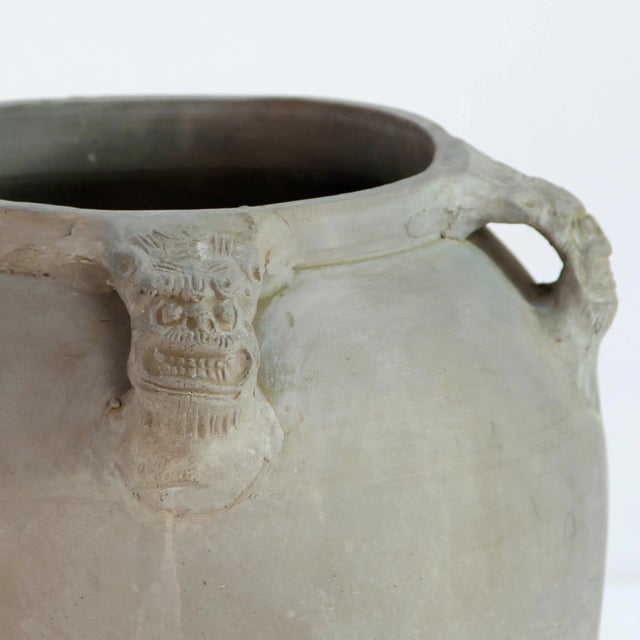 Rustic Early 20th Century Vintage Gray Ceramic Pottery Vase With Four Lion Handles For Sale - Image 3 of 4