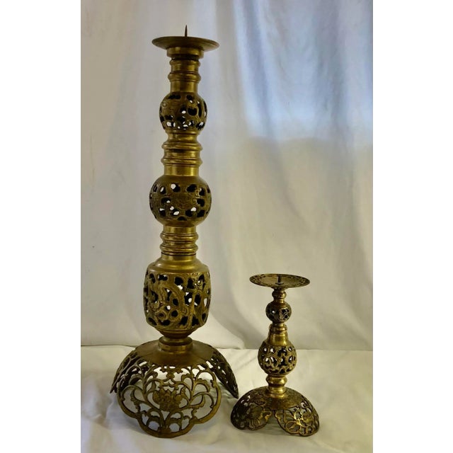 Vintage Pierced Brass Candlestick Holders -Dragon Design- a Pair For Sale In Birmingham - Image 6 of 6
