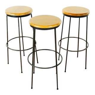 Contemporary Wood & Metal Bar Stools - Set of 3 For Sale