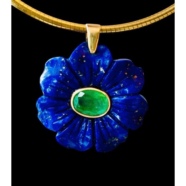 FLORA Pendant Lapis, Emerald and 14k Gold Carved lapis flower (35mm diameter) with a stunning center 10x8mm oval emerald...