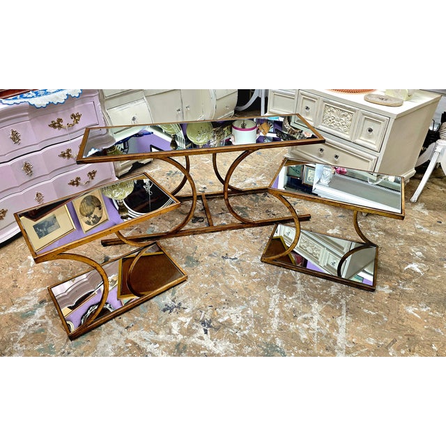 1970s Vintage Hollywood Regency Mirrored Coffee & End Tables Set of 3 For Sale - Image 9 of 11