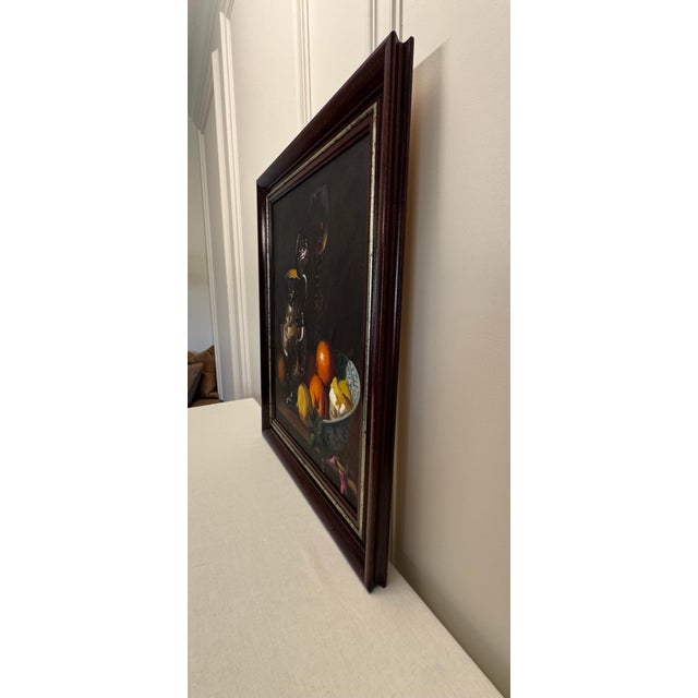 Realism Vintage Moody Dutch Still Life Realism Original Oil Framed Painting, Chocolate Brown, Orange, Gold For Sale - Image 3 of 12