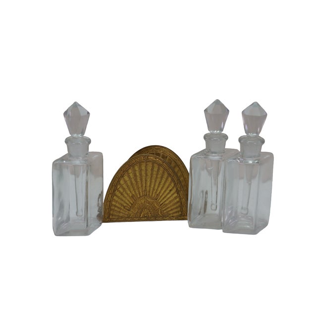 Victorian Antique French Art Deco Gilt Bronze Crystal Perfume Decanter Bottle Caddy Set 5" For Sale - Image 3 of 17