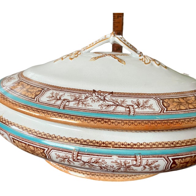 19th Century Edge, Malkin & Co. Staffordishire Hand Painted Turquoise and Brown Porcelain Tureens With Gold Gilding - a Pair For Sale - Image 13 of 14