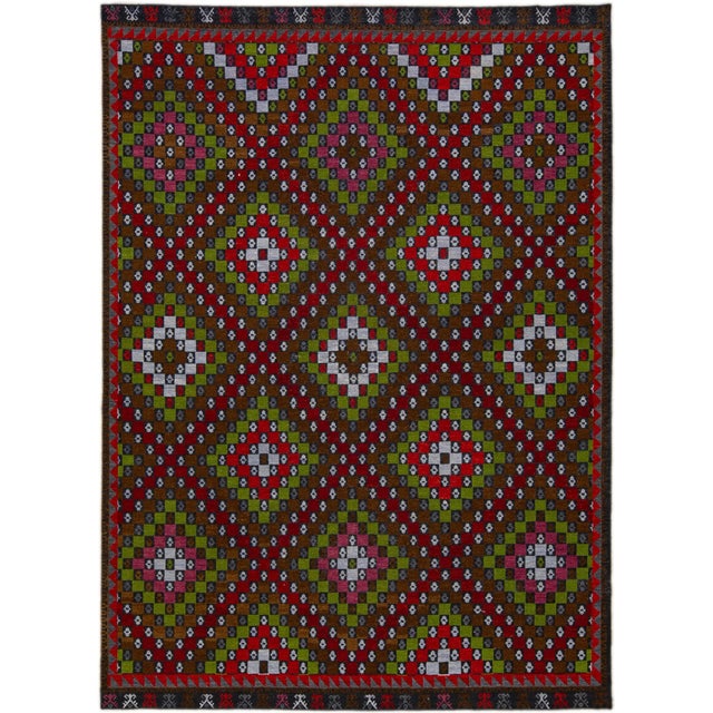 Brown Modern Soumak Handmade Multicolor Geometric Designed Wool Rug For Sale - Image 11 of 11