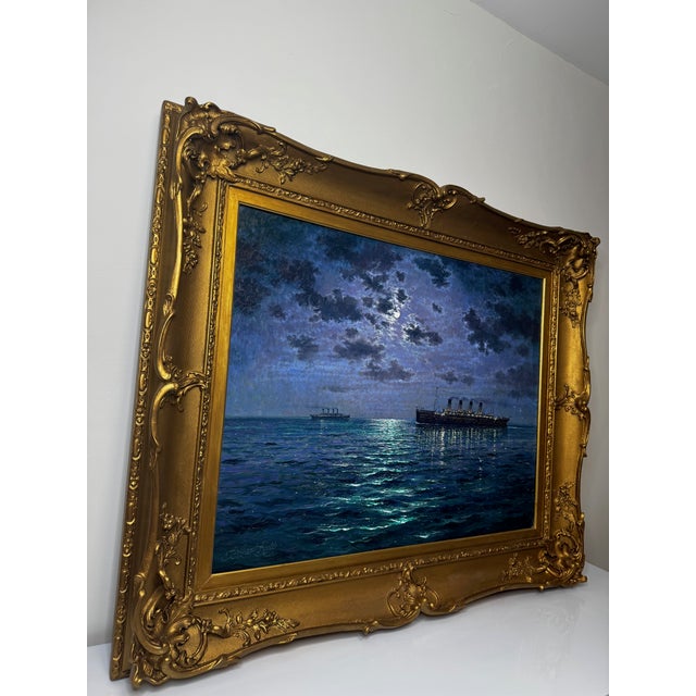 Ships That Pass in the Night — RMS Titanic Under Moonlight With RMS Olympic on the Horizon | Large Framed Oil on Canvas by Andrew Grant Kurtis For Sale - Image 6 of 18