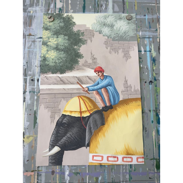 This is a hand-painted scenic wallpaper sample featuring an elegant elephant landscape scene with traditional figures,...