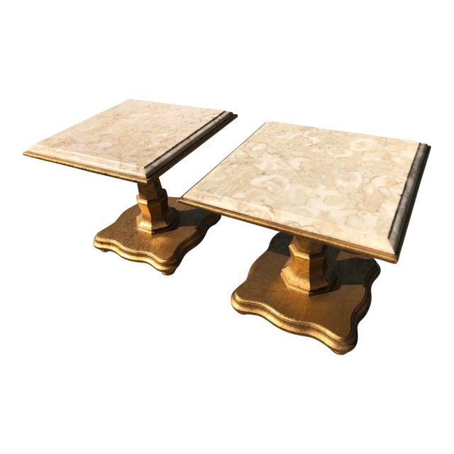 Mid Century Hollywood Regency Gold Marble Top Tables - a Pair For Sale