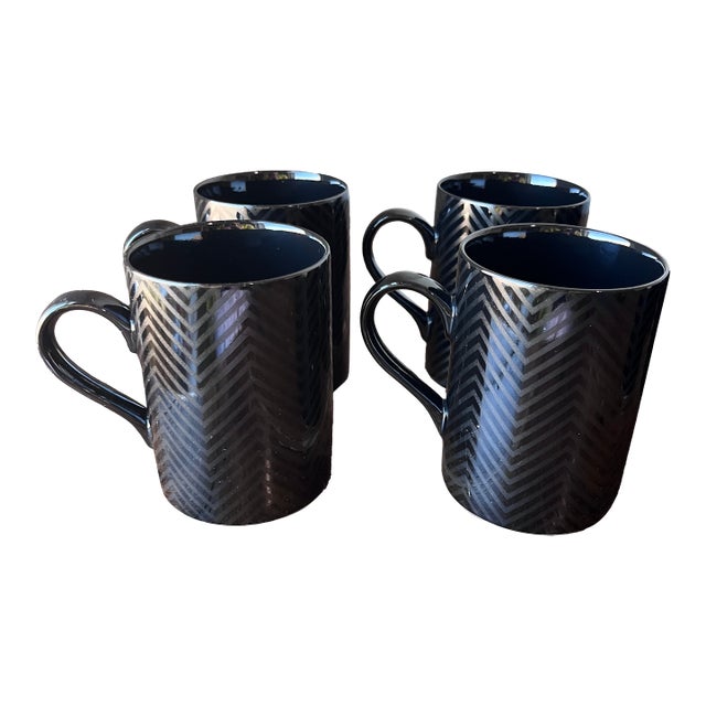 Set of 4 Vintage 1980's Fitz and Floyd Black on Black Herringbone Pattern For Sale