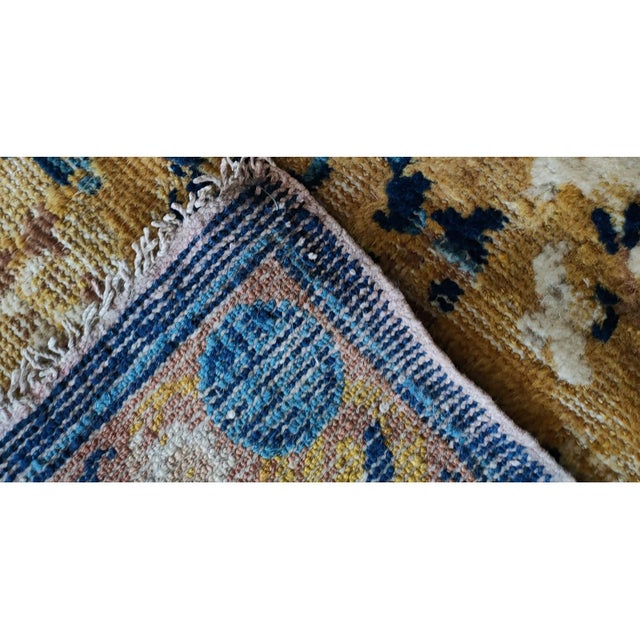 Textile Antique Square Mid 19th Century Wool Pile Chinese Ningxia Yellow Scatter Rug For Sale - Image 7 of 8